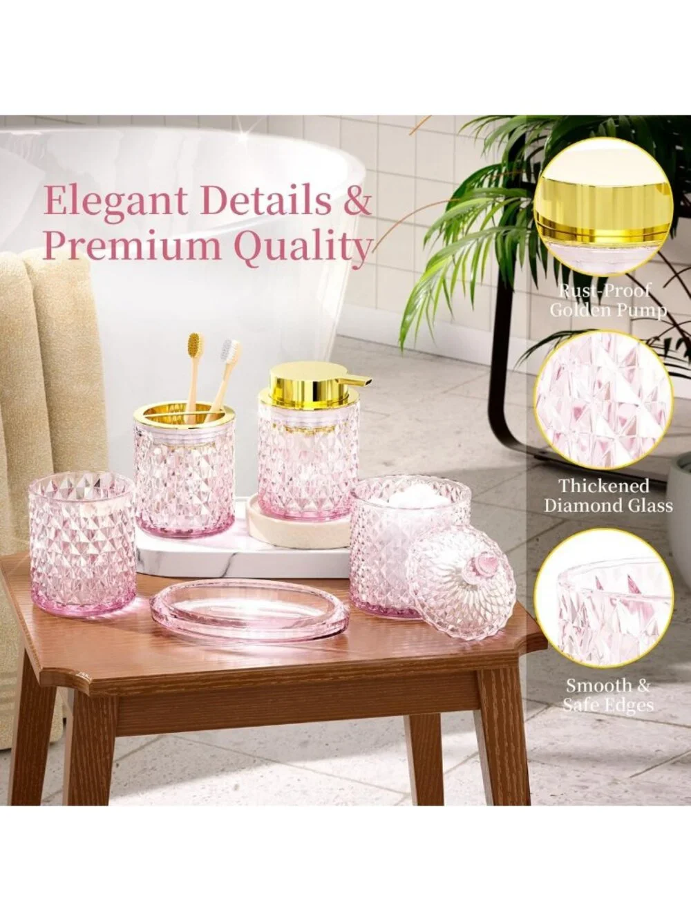 Chic 5-Piece Pink Glass Bathroom Accessories Set for Vanity Decor & Organization